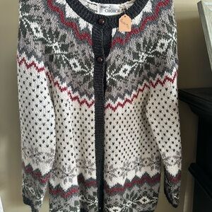 Maggie’s Choice Patterned Knit Sweater - Gray, White, Red